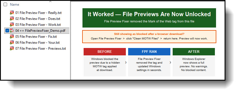 Windows File Explorer showing a working preview after running File Preview Fixer