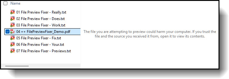 Windows File Explorer showing a blocked preview with a security warning